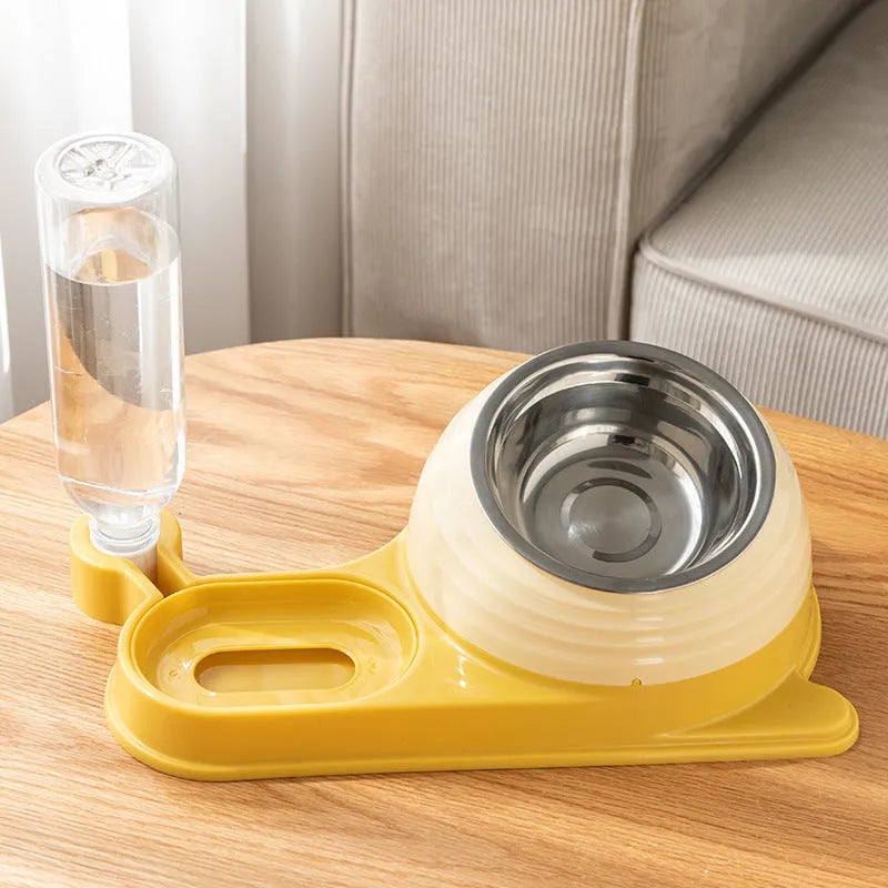 Brown elevated cat bowl with attached water bottle dispenser on a white background