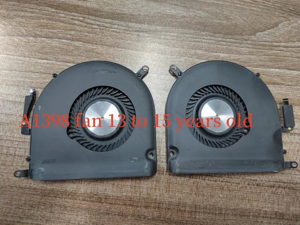 MacBook Pro A1398 cooling fan replacement part with colour-coded variants for different laptop year ranges