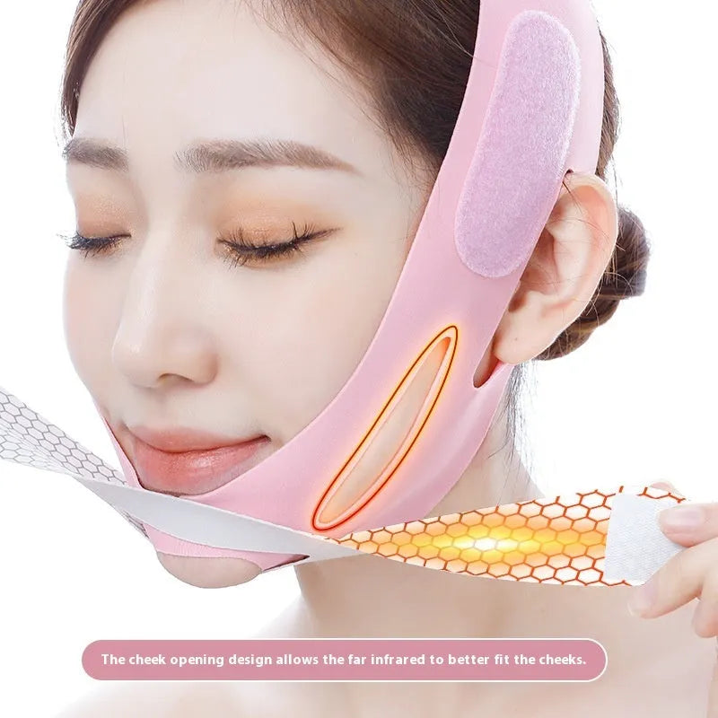 Pink and black elastic V-shaped face bandage for facial care.