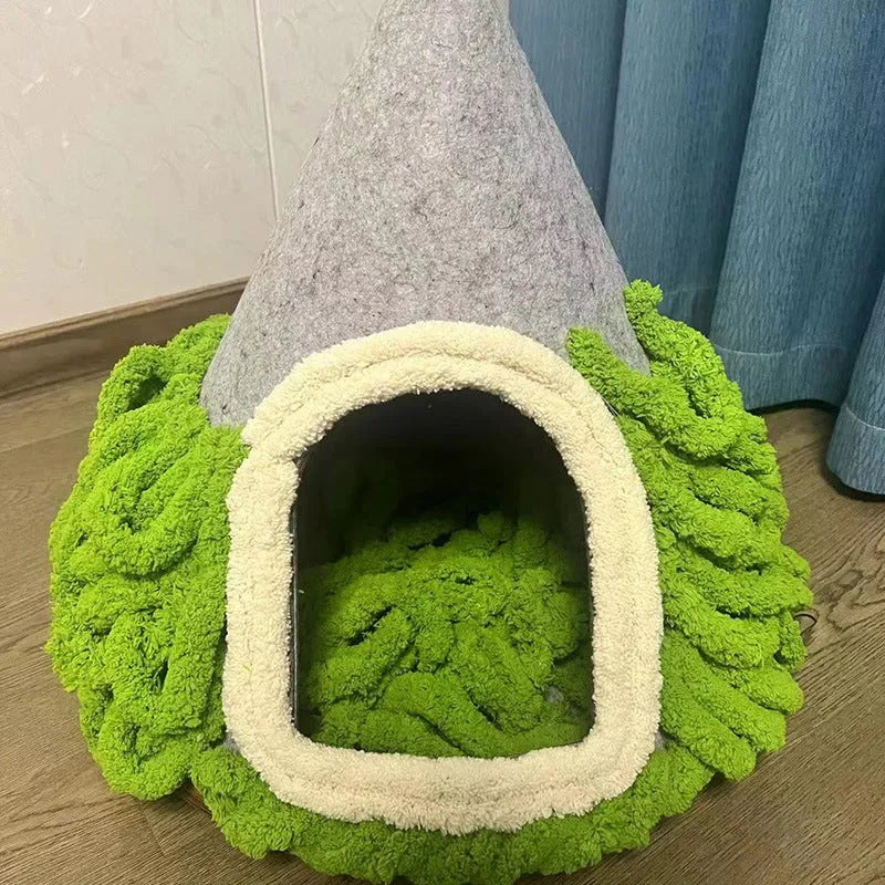 Grey handmade felt cone cat house with enclosed tent design measuring 50cm