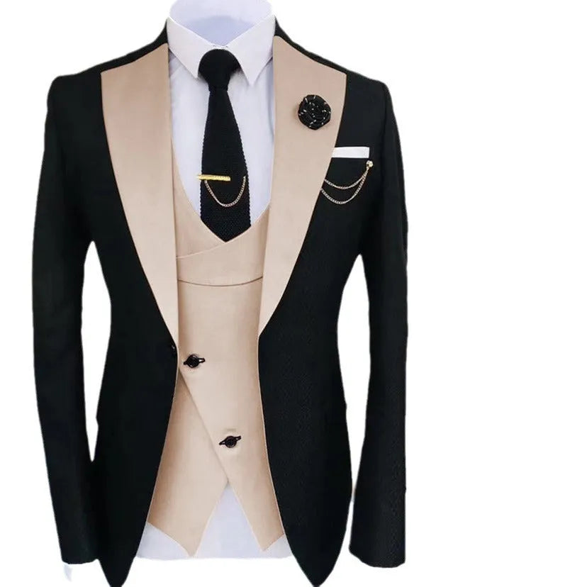 Men's slim fit three-piece cotton business suit with coat, vest, and trousers for formal occasions
