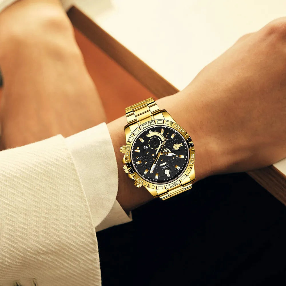 Gold-colour men's quartz watch with stainless steel strap and calendar on dial.