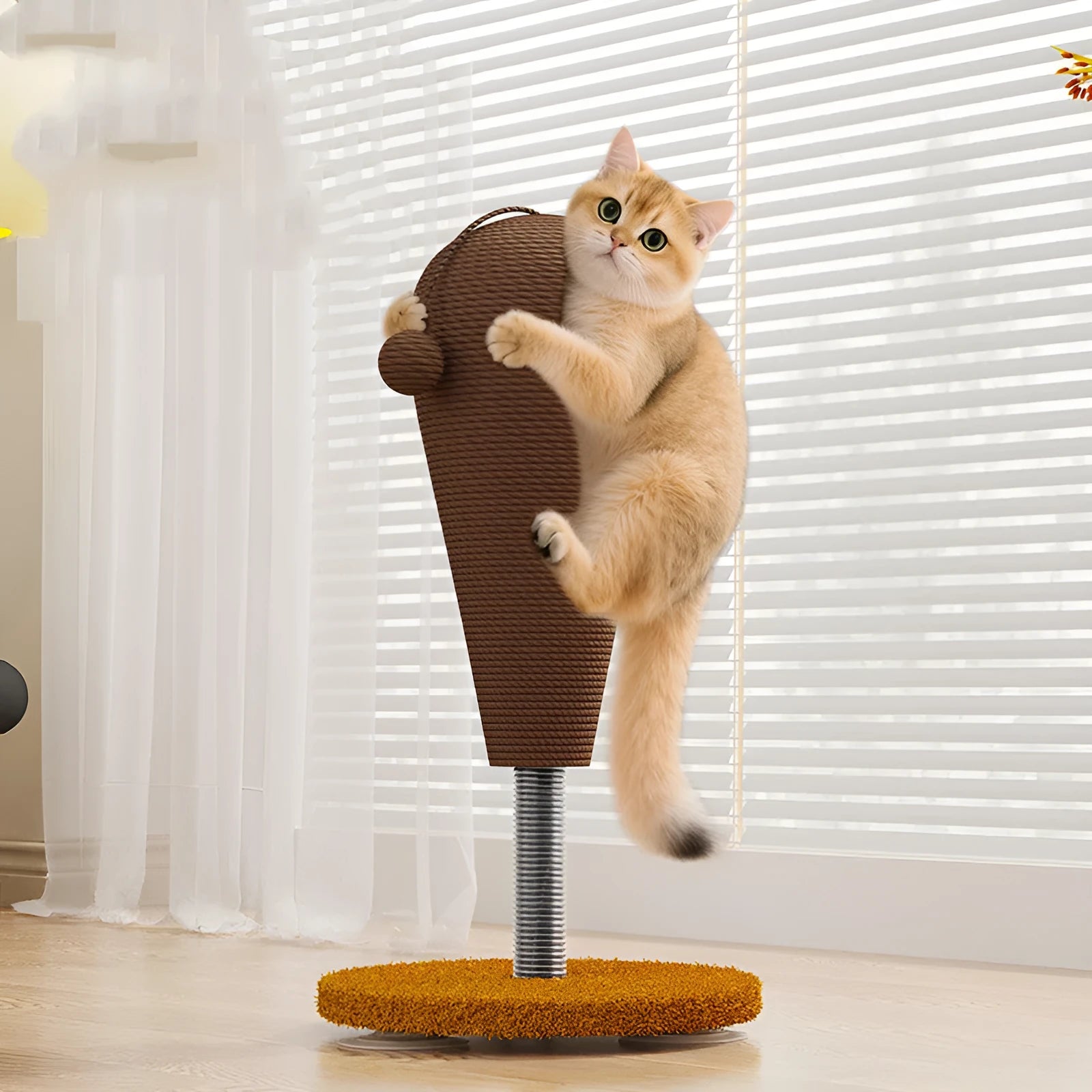 Large and small size hemp rope cat scratcher board with attached cat grasping ball toy.