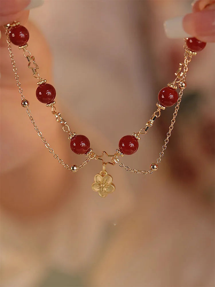 Red agate double layer bracelet with peach blossom design for women