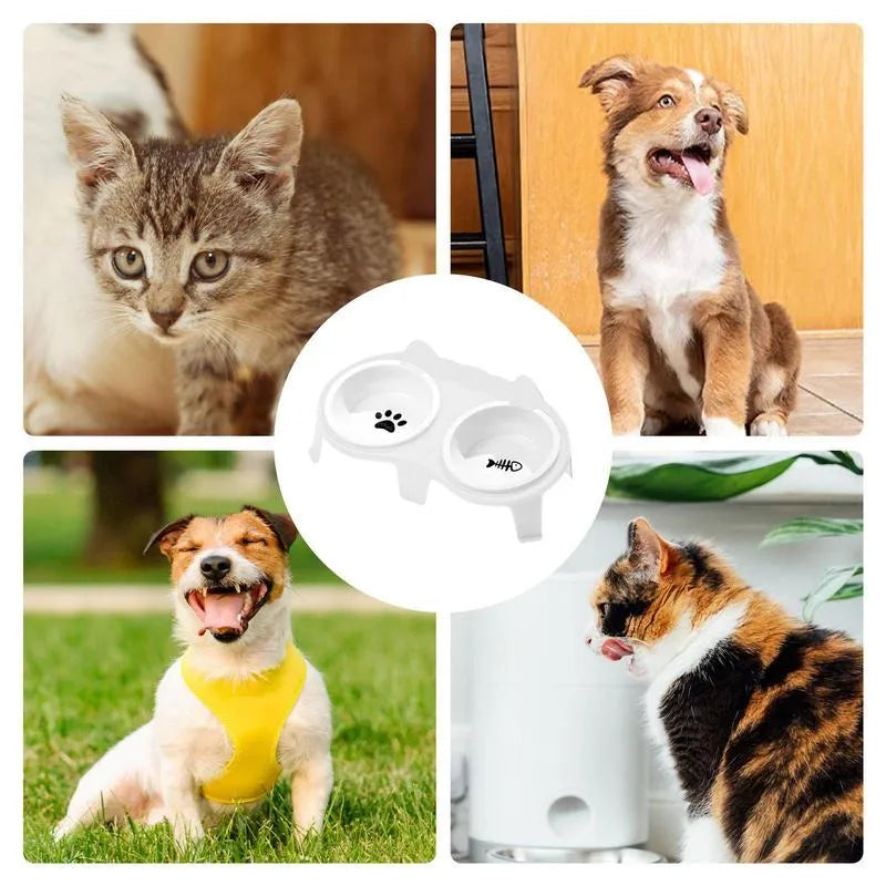 Ceramic elevated cat food and water bowl set with tilted stand in choice of colours