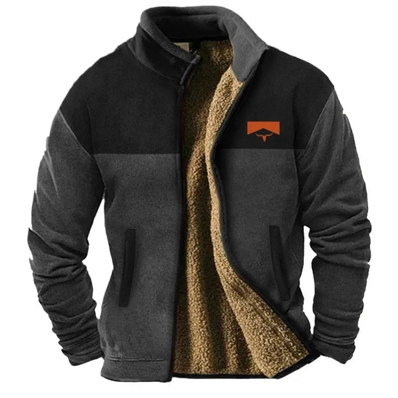 Men's blue polyester padded fleece coat with zip front, regular length.