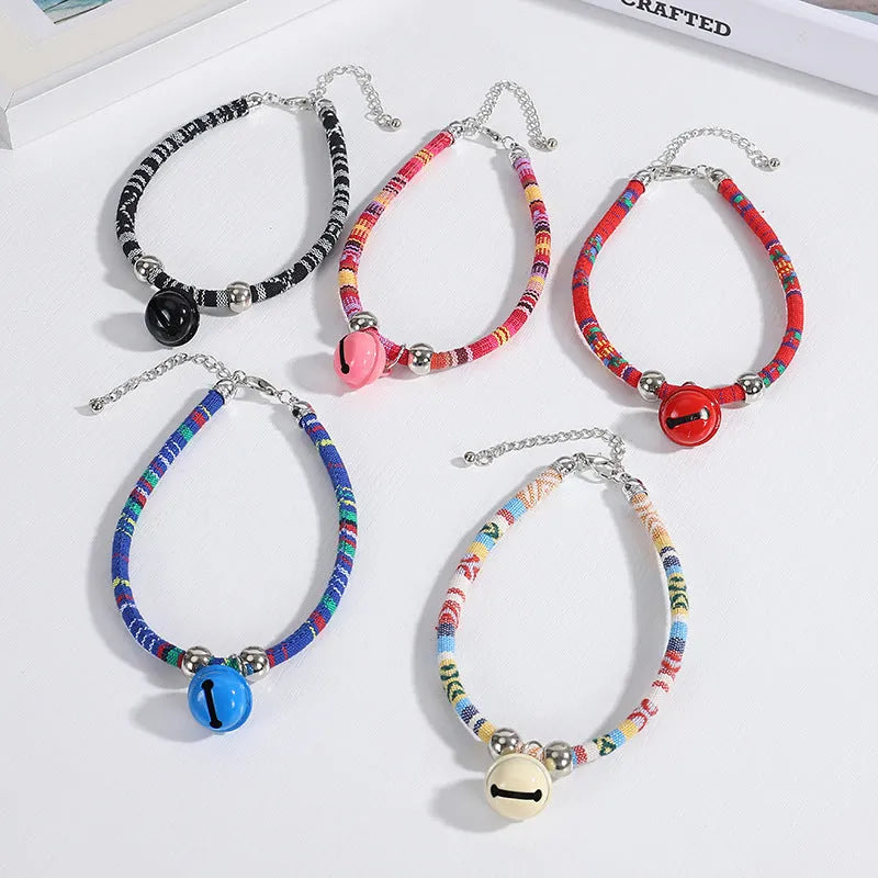 Coloured ethnic style adjustable pet collar with bell for cats and small dogs