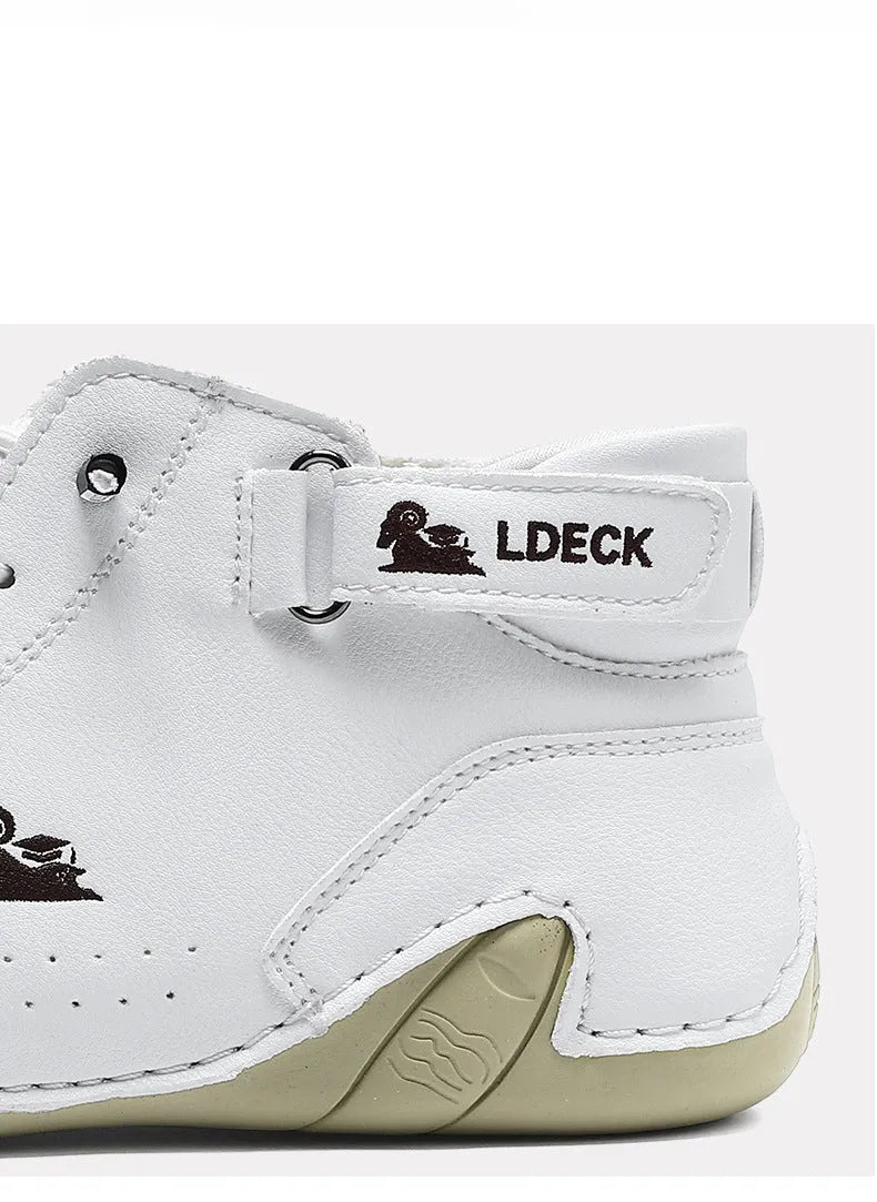 Men's khaki high top boots with octopus design, rubber sole, and pigskin ankle collar.