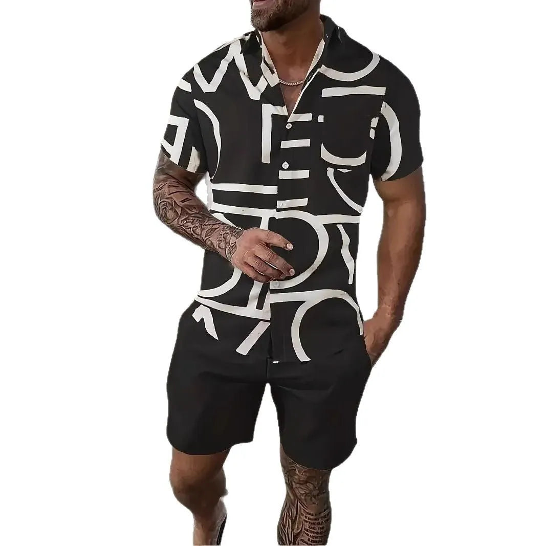 Men's Hawaiian themed 3D printed short sleeve top and matching shorts leisure suit set