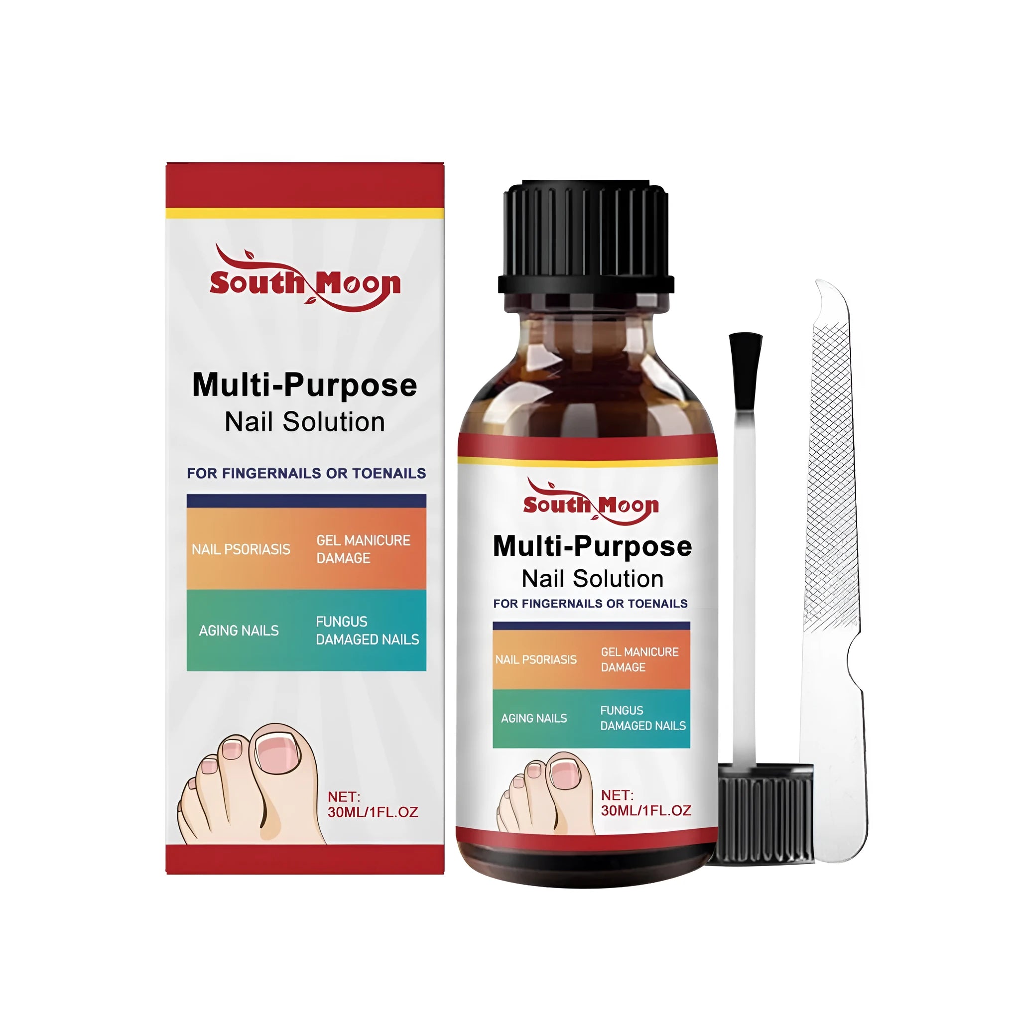 30ml nail care solution bottle with tea tree oil and white willow bark extract alongside included nail file
