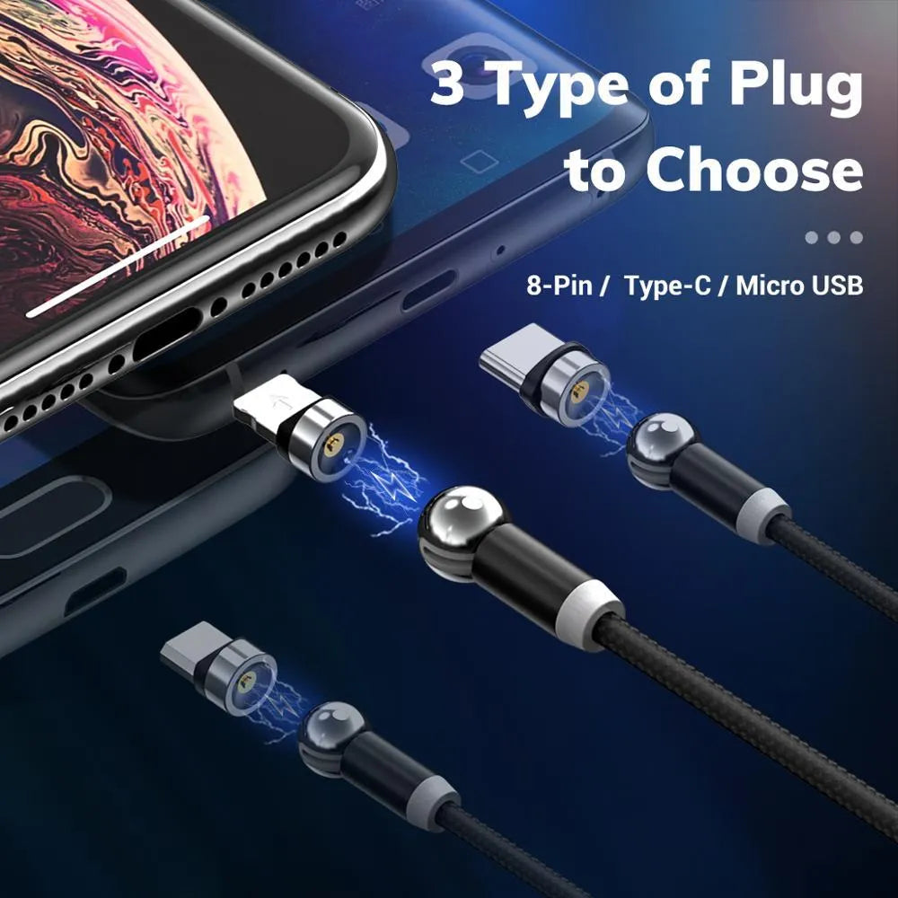 Black magnetic phone charging cable with spherical rotating connector and aluminium alloy ends on a white background.