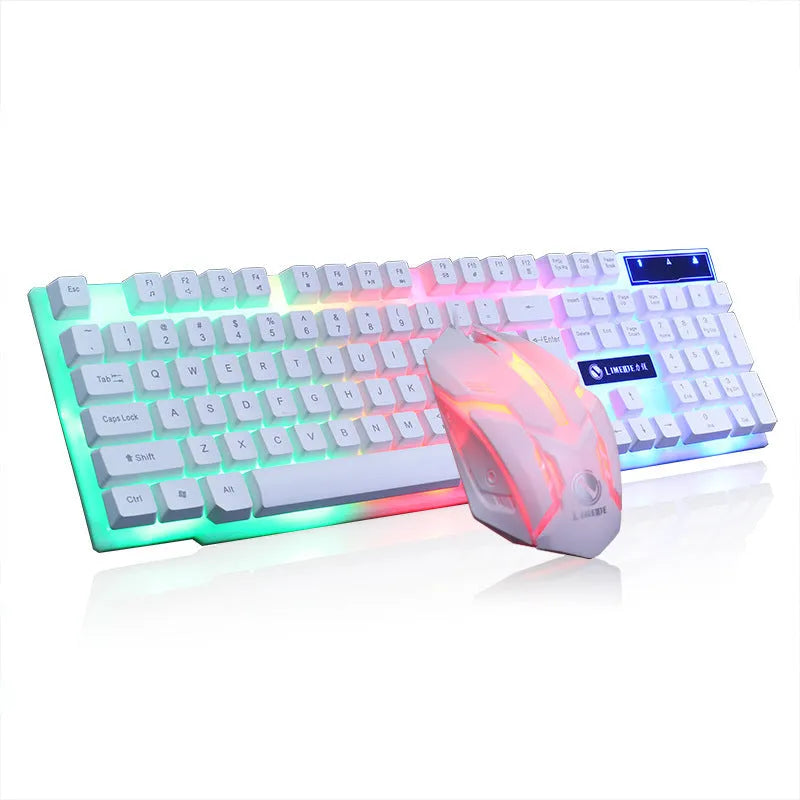 Limei GTX300 white and black gaming keyboard and mouse set with RGB backlight on a desk.