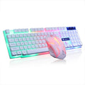 Limei GTX300 white and black gaming keyboard and mouse set with RGB backlight on a desk.