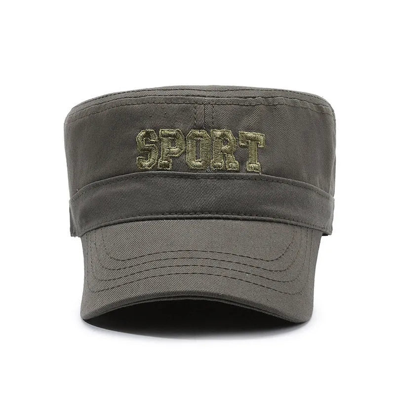 Men's flat-top cotton peaked cap with an adjustable strap in army green colour.