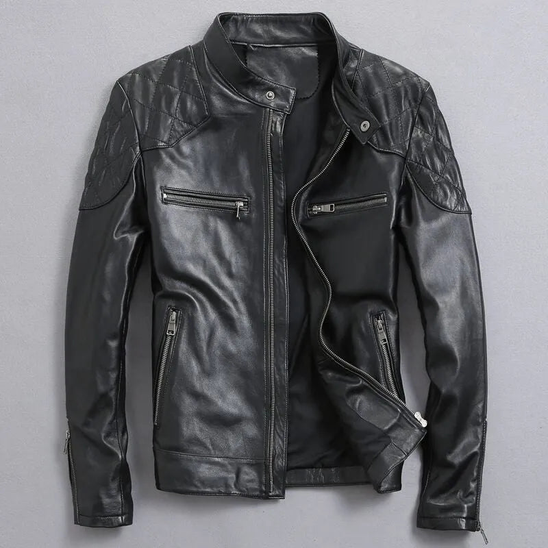 Men's distressed stand collar leather jacket in black, front view, with zipper and side seam pockets