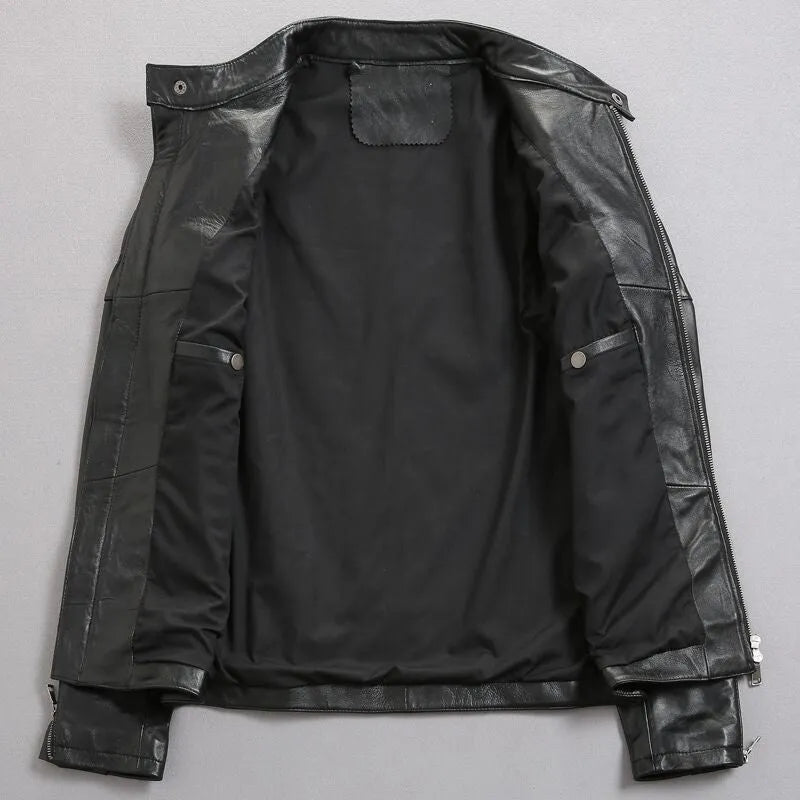 Men's distressed stand collar leather jacket in black, front view, with zipper and side seam pockets