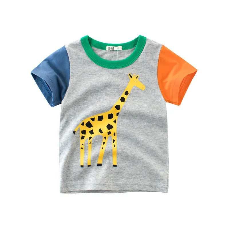 Children's green lion print cotton T-shirt on a hanger, showing crew neck and short sleeves.