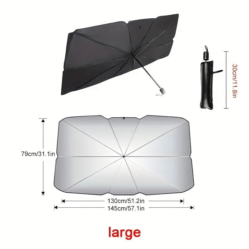 Foldable car windshield sunshade umbrella shown in open position against vehicle windshield