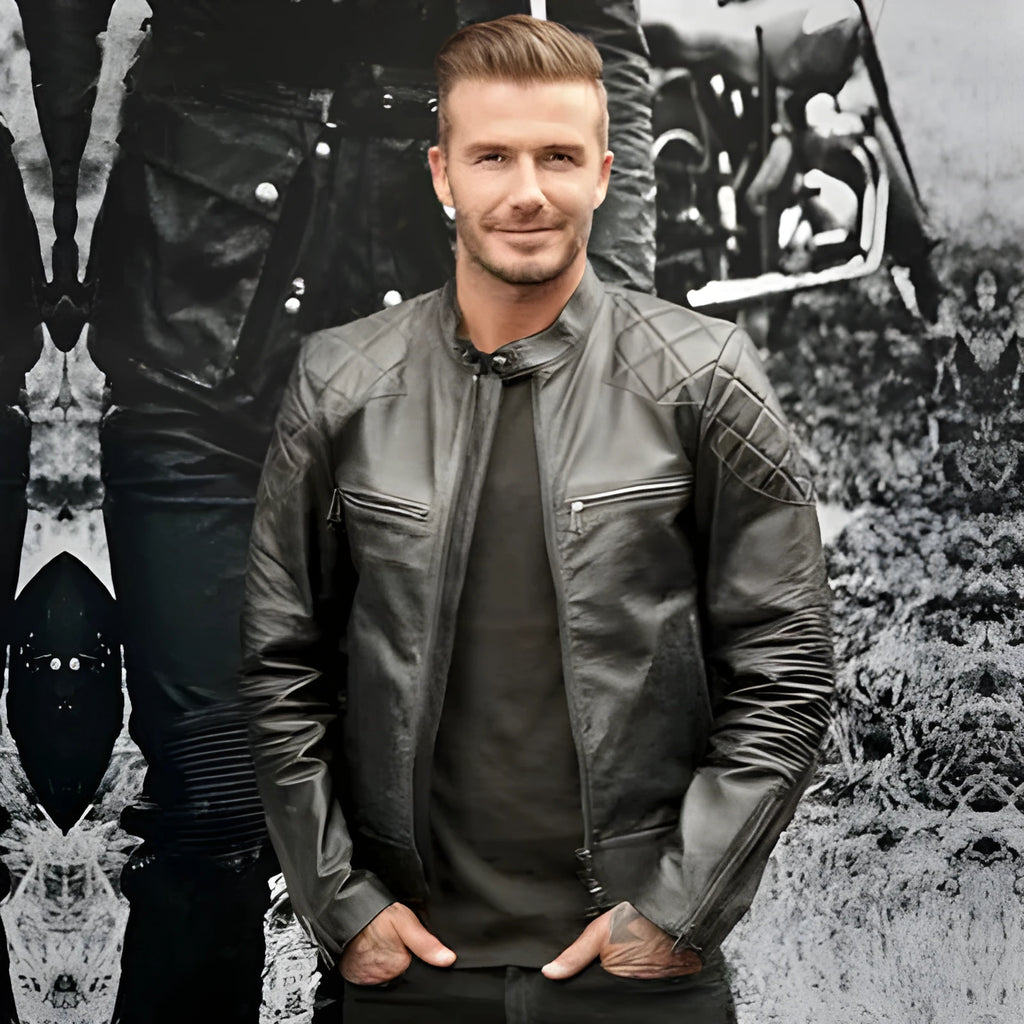 Men's distressed stand collar leather jacket in black, front view, with zipper and side seam pockets