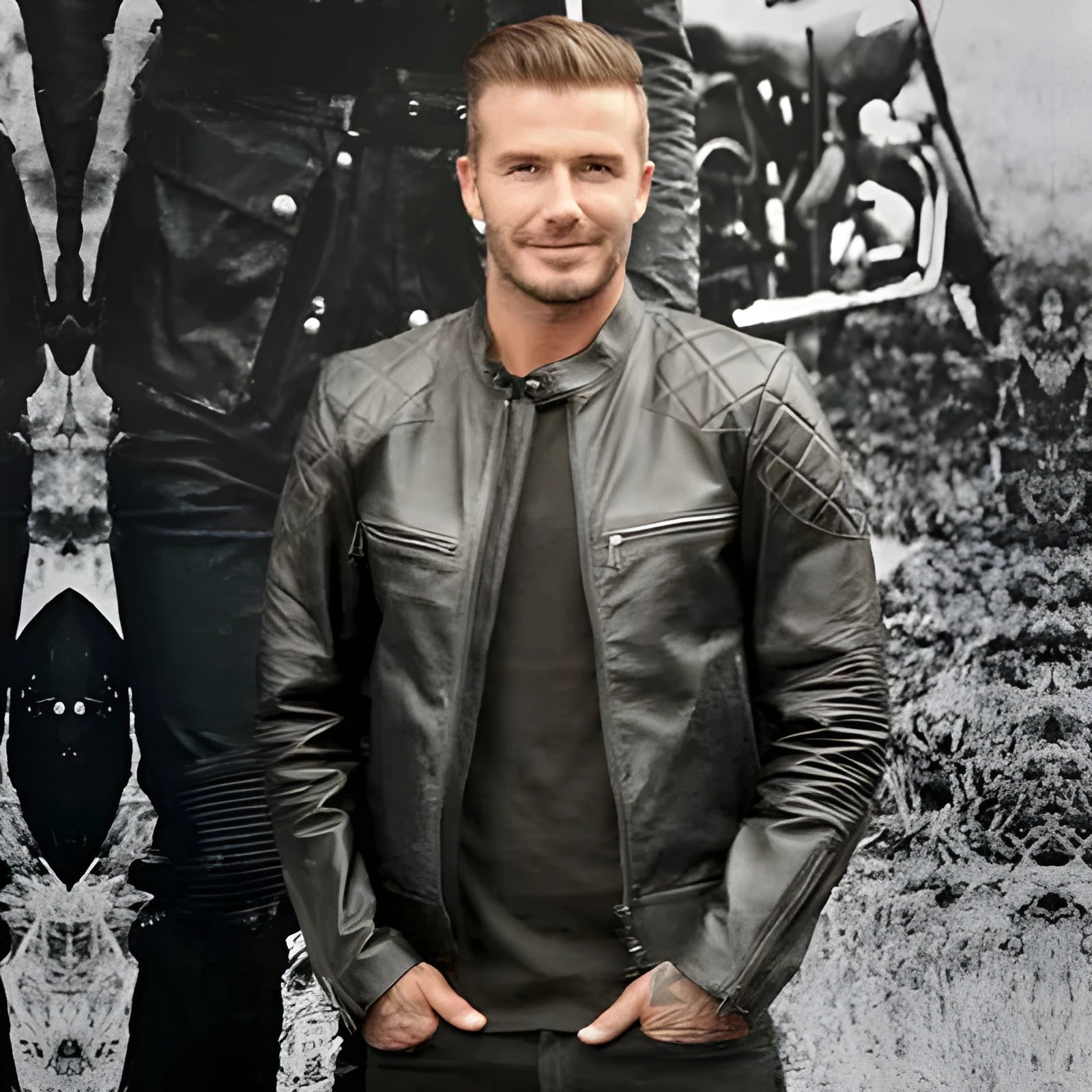 Men's distressed stand collar leather jacket in black, front view, with zipper and side seam pockets
