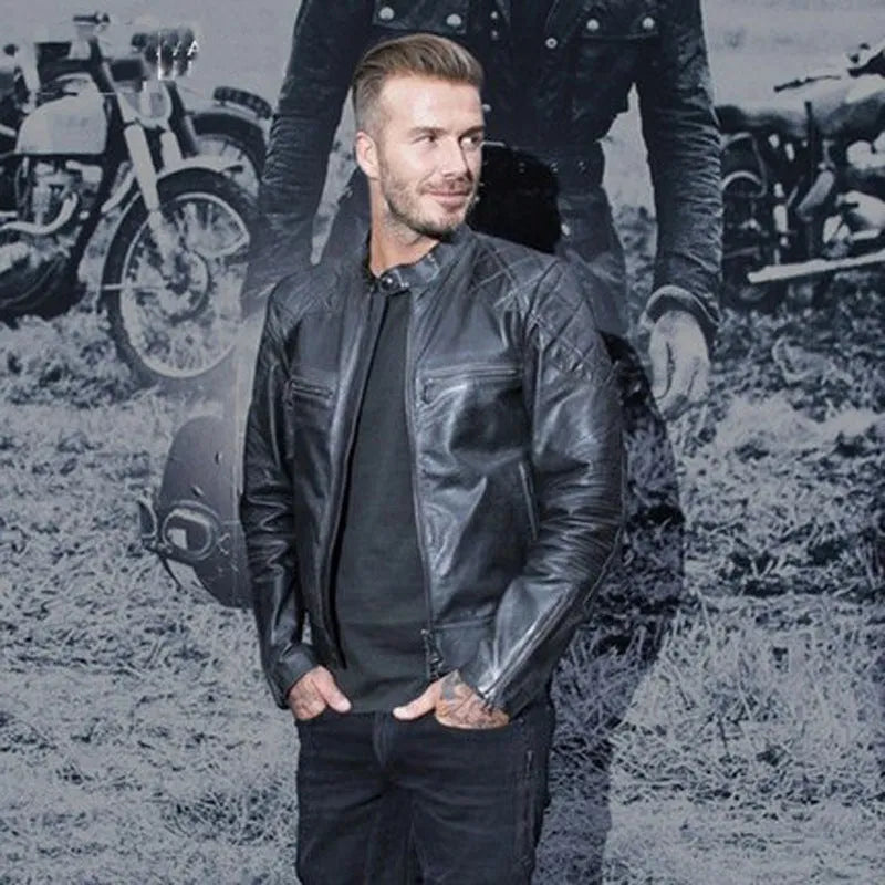 Men's distressed stand collar leather jacket in black, front view, with zipper and side seam pockets