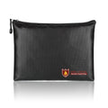 Black fire-proof contract document bag shown in small, medium, and large sizes