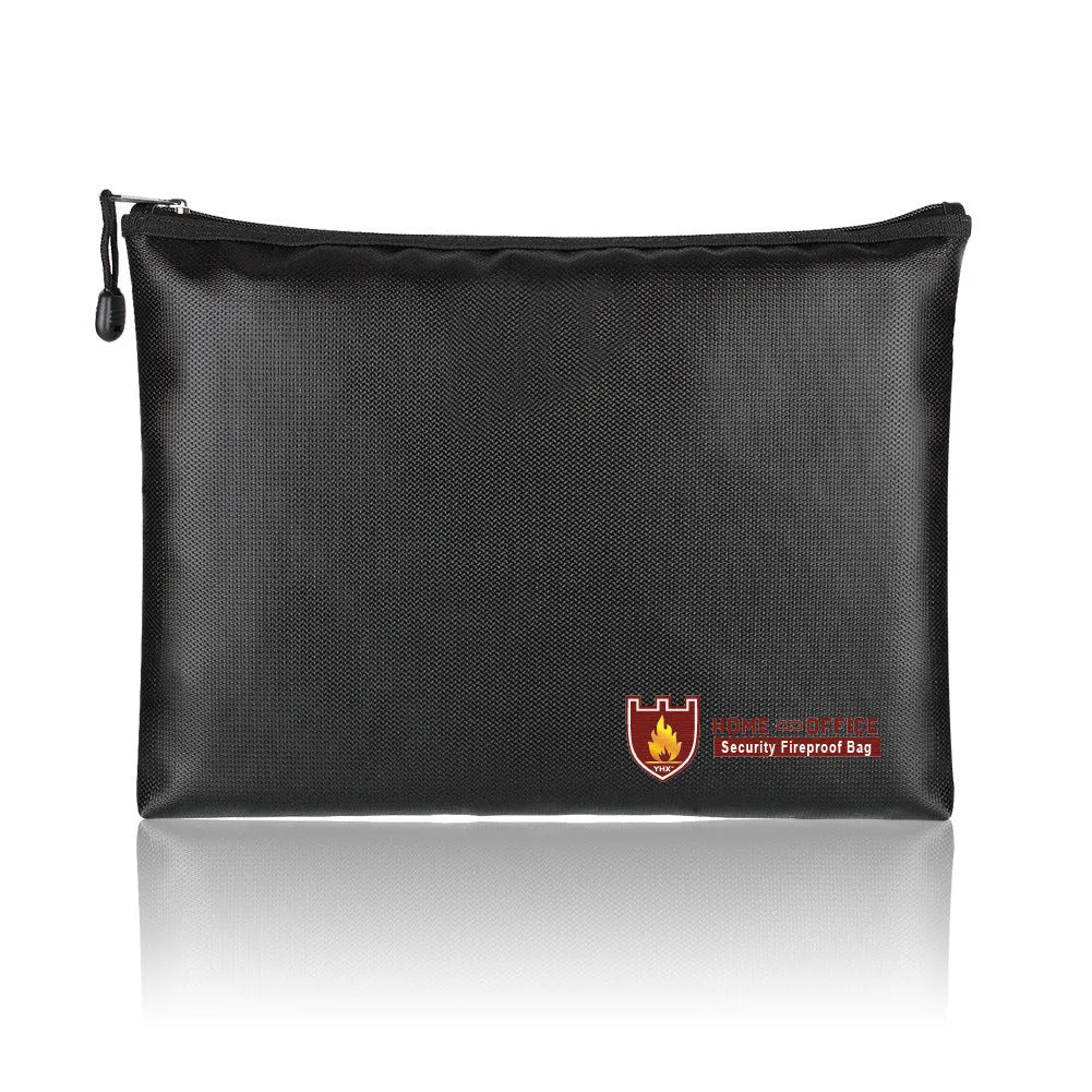 Black fire-proof contract document bag shown in small, medium, and large sizes