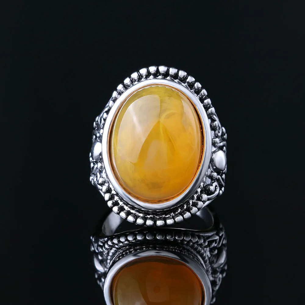Fluorescent beeswax centrepiece geometric alloy ring with antique silver electroplated retro finish