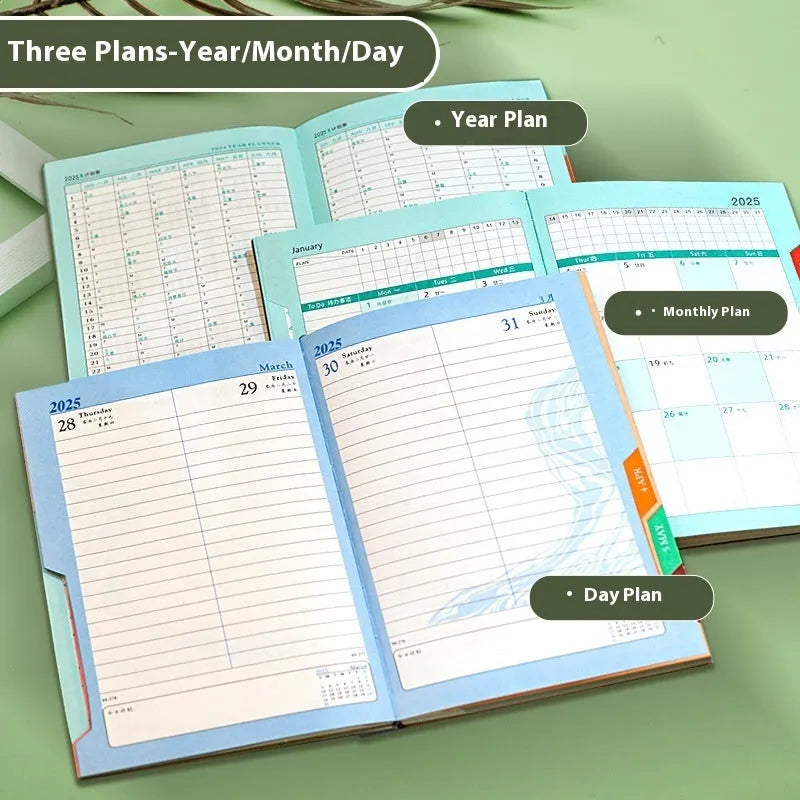 A5 striped PU leather notepad open on a desk showing 80g wood-free paper, available in eight colours.