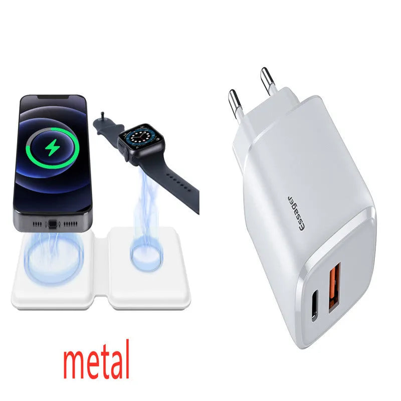 White folding dual magnetic wireless charging dock shown in stand mode with a phone attached.