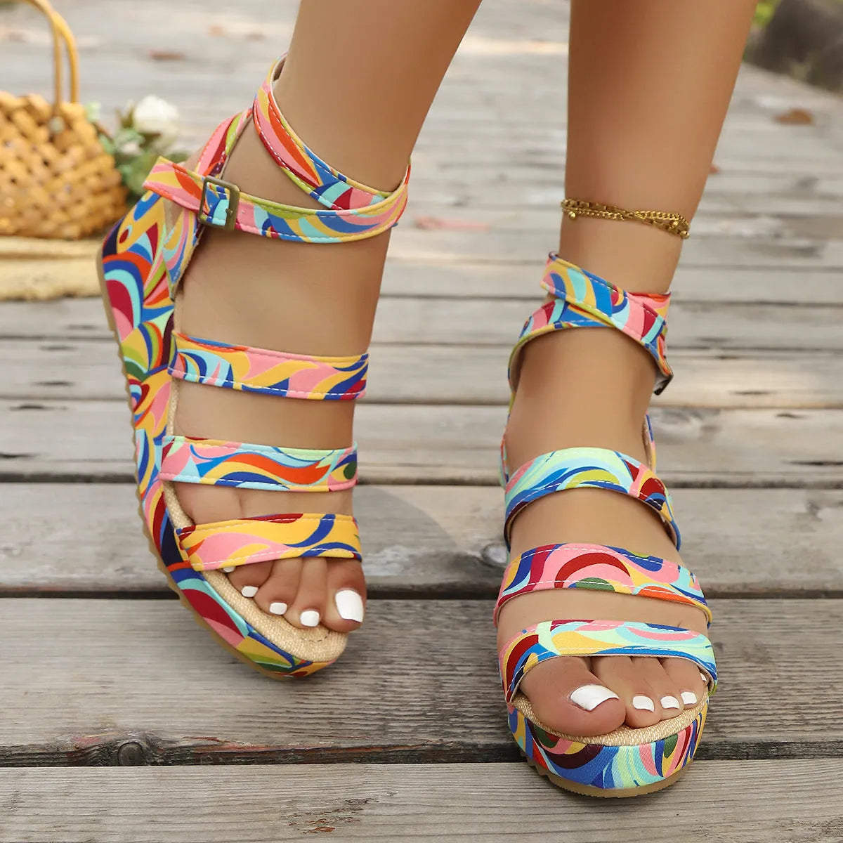 Women's buckle strap wedge sandals with fish mouth toe holder design in European style