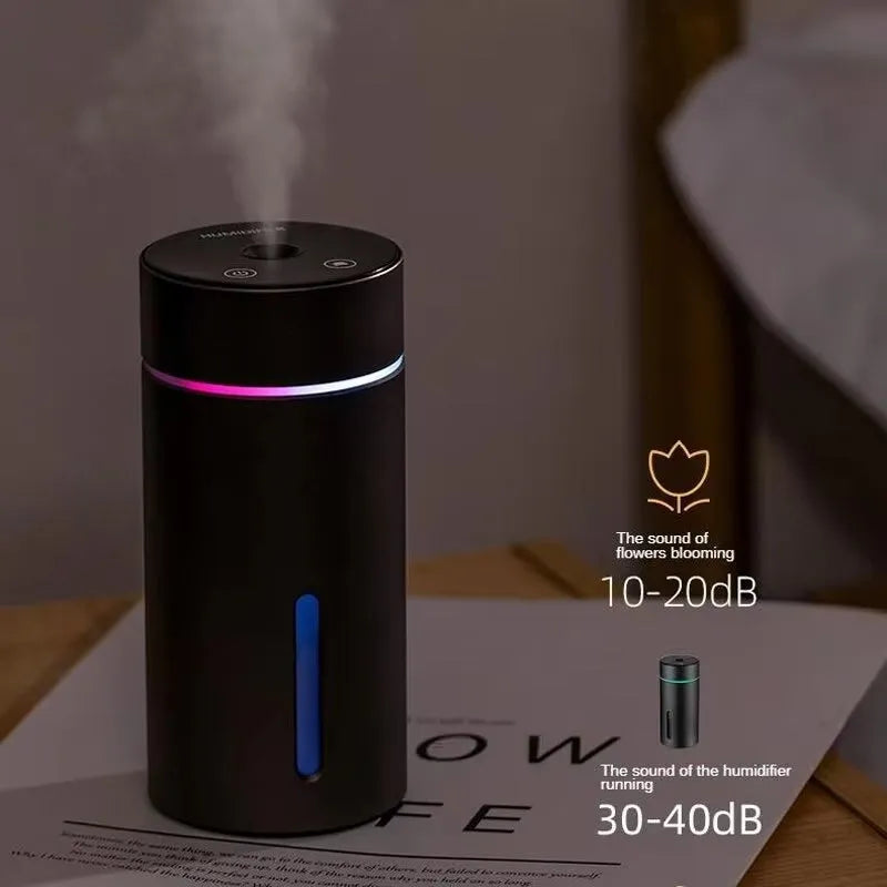 Black aluminium car humidifier and essential oil diffuser with coloured night light and USB cable