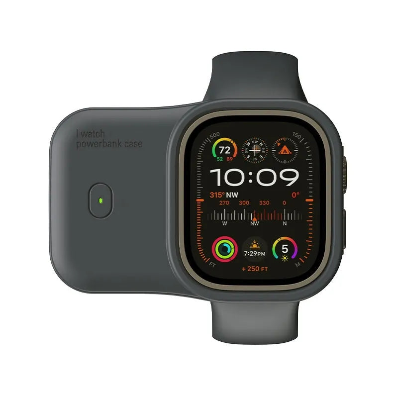 Apple Watch portable wireless charging case power bank in brown, midnight blue, and starlight colours.