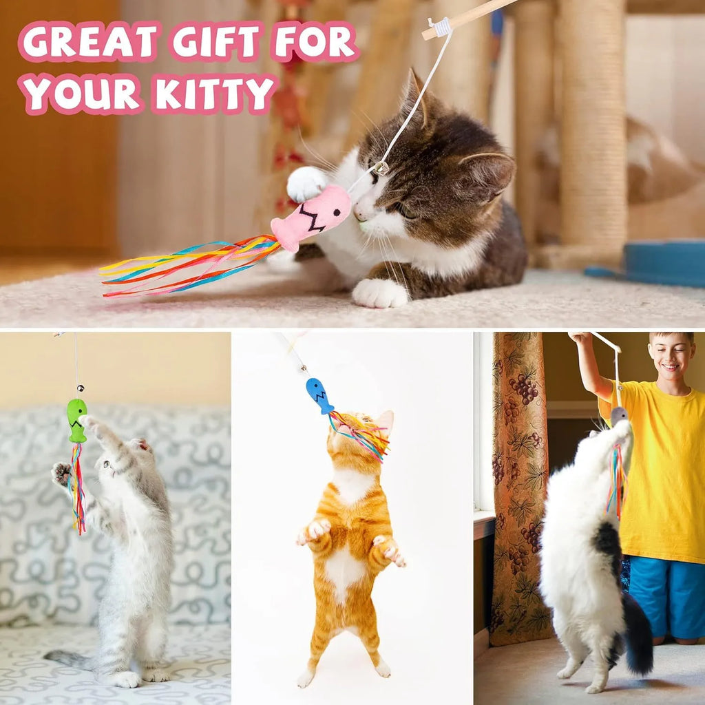 Colourful cat wand toy with ribbons, bell, and catnip fish on a wooden handle