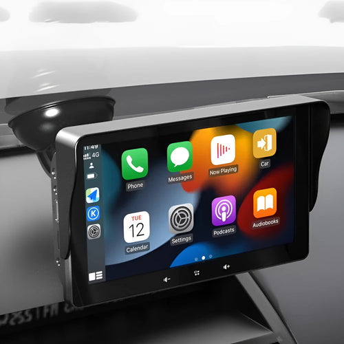 7 inch car wireless CarPlay display with astern camera on a dashboard suction cup mount.