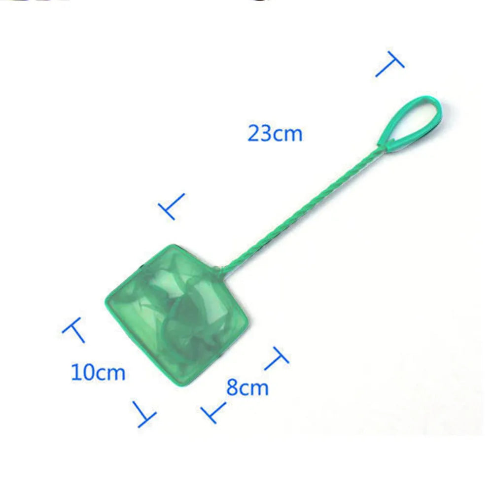 Telescopic green plastic aquarium fish net with extended handle, 3 to 12 inch sizes available