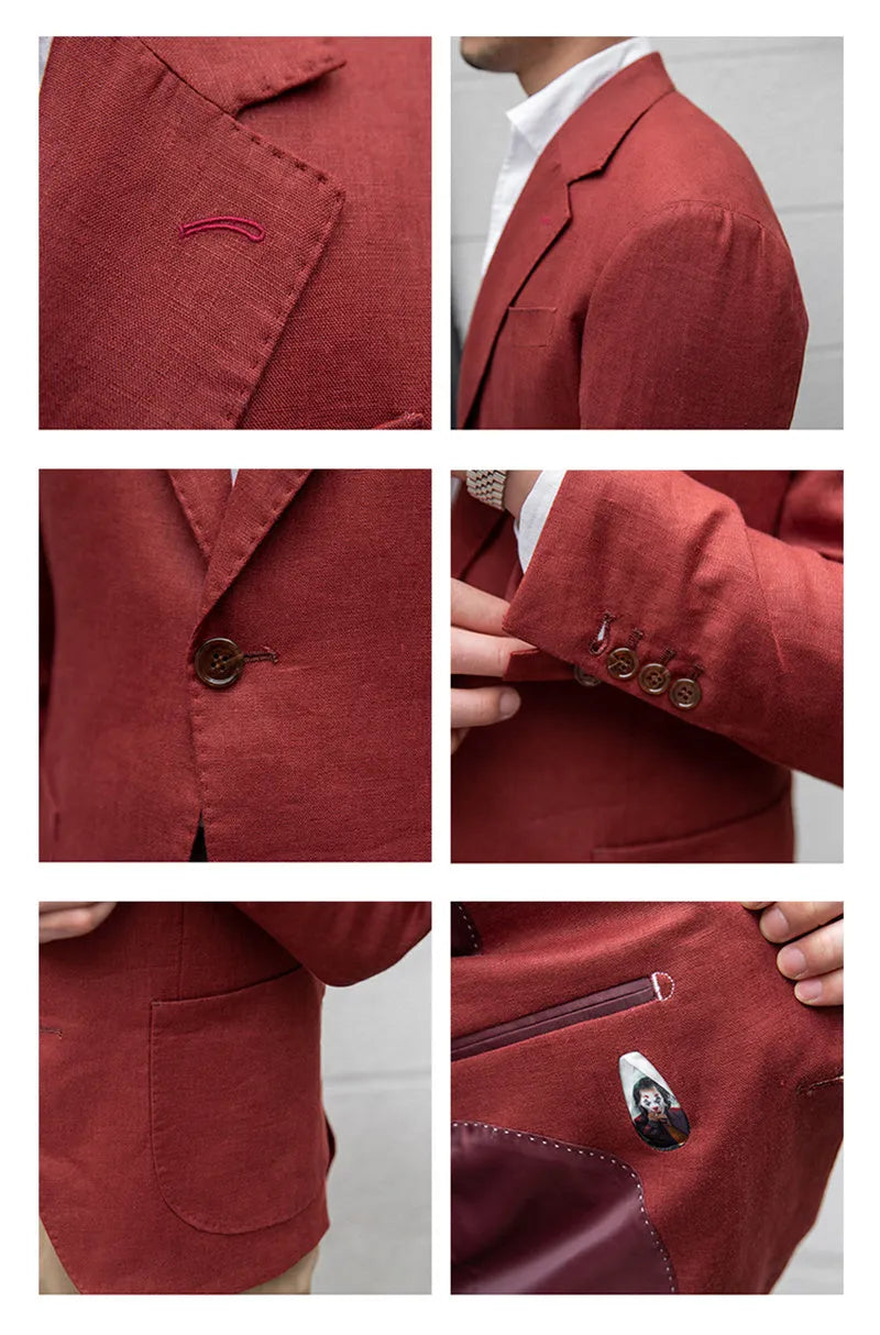 Men's pure linen slim fit suit jacket double-breasted two buttons white wine red long sleeve formal wear