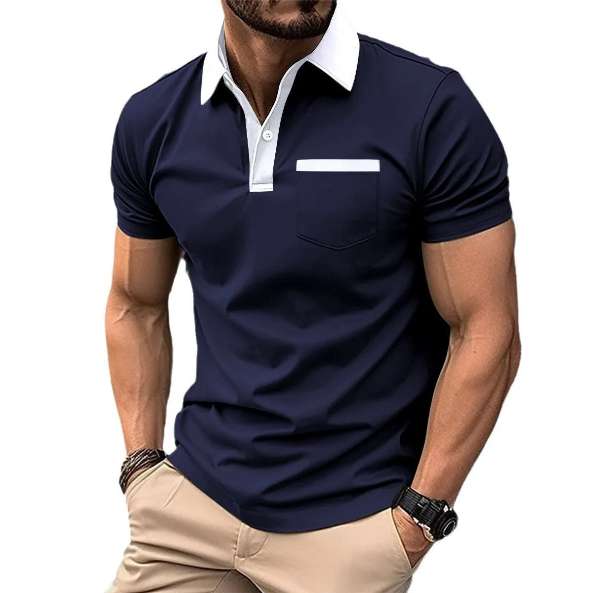 Men's cotton blend short-sleeve slim-fit polo shirt in navy blue with chest pocket, front view