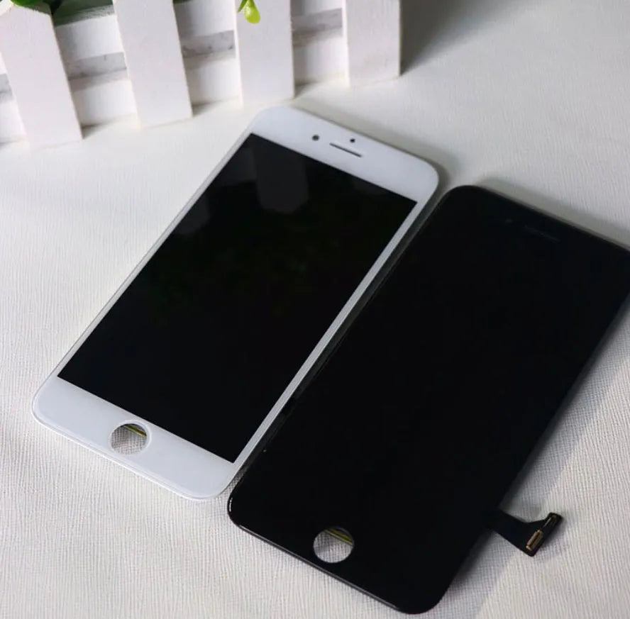 iPhone LCD touch screen replacement panel with disassembly tool and original black and white covers.