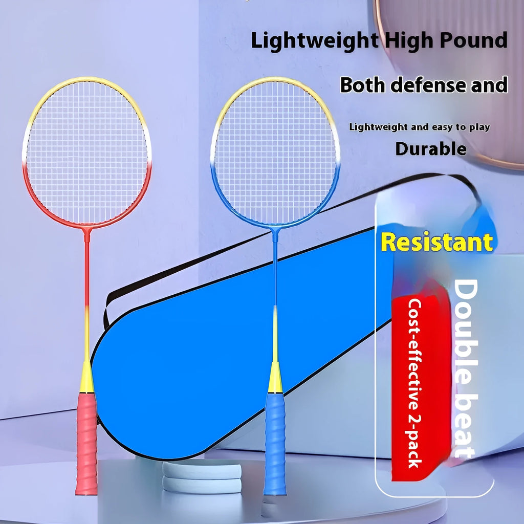 A pair of blue and red alloy badminton rackets with a split-frame design.