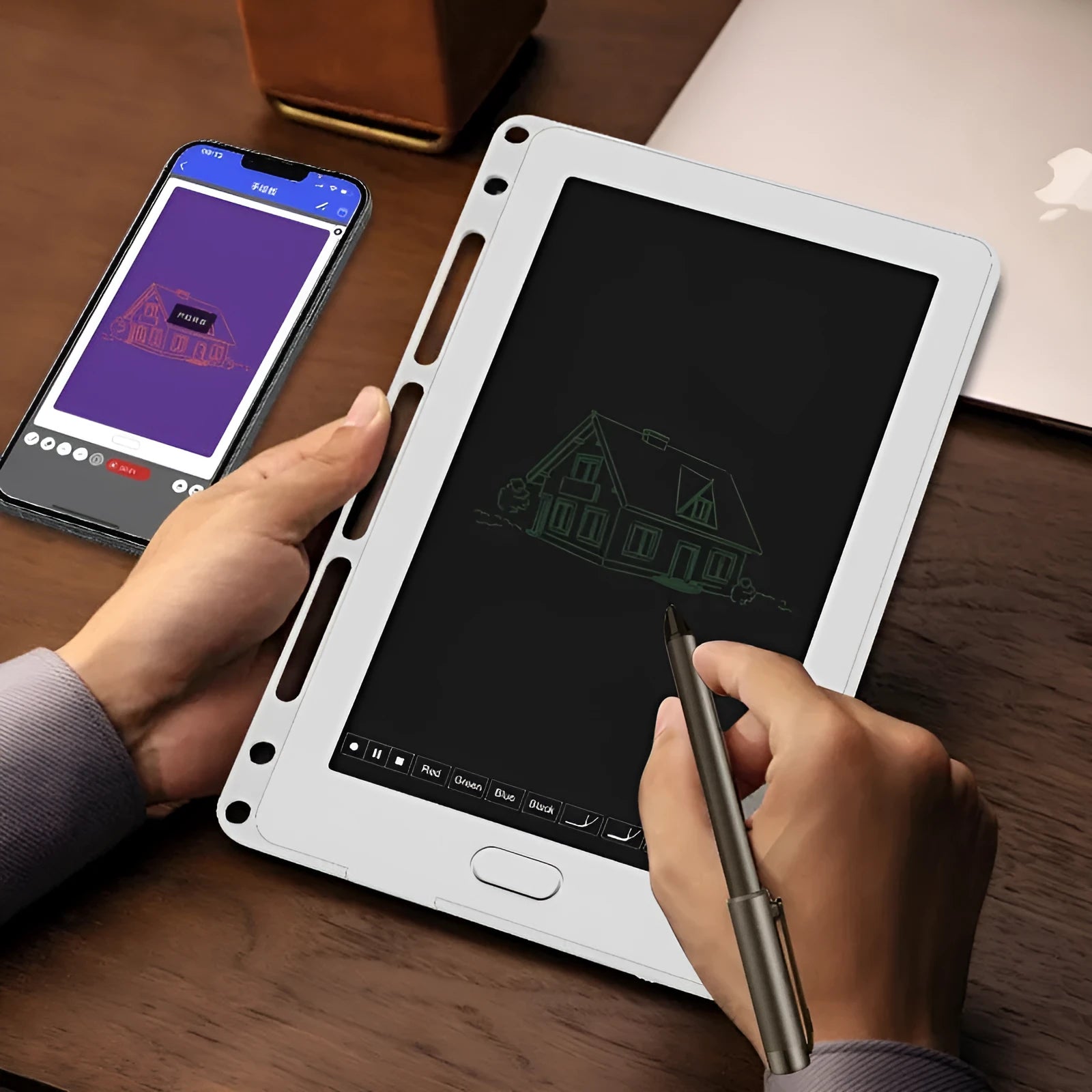85-inch electronic writing pad with Bluetooth, smart pen, and USB cable in stitching appearance design