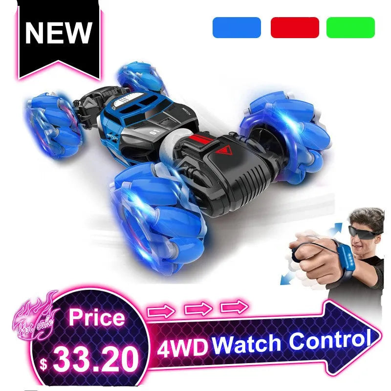4WD RC stunt car in red with gesture remote control, morphing off-road design, plastic construction