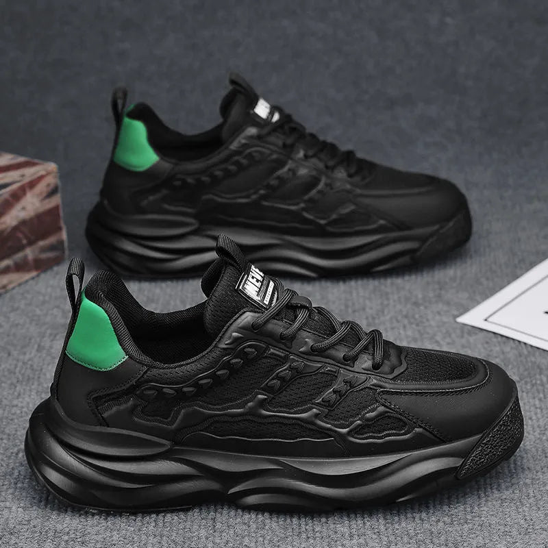 Men's solid colour breathable mesh trainers showing round toe design in white and black options