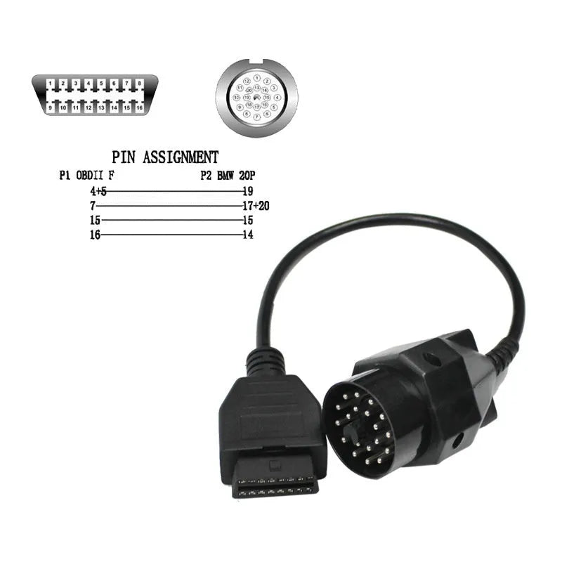 BMW 20-pin to OBD2 16-pin diagnostic adapter cable connector on a white background