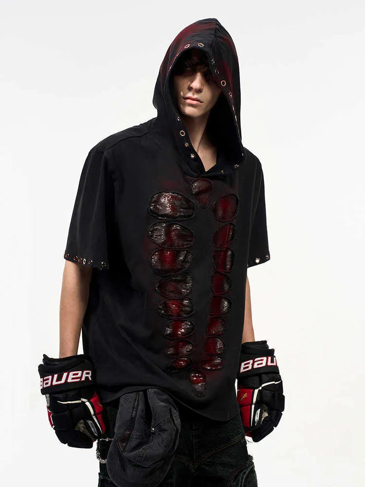 Black men's hooded short-sleeved T-shirt with sequin decoration loose fit