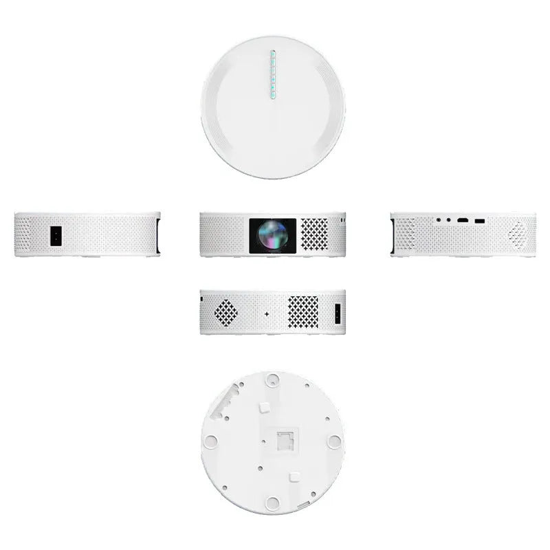 White plastic portable 720p HD wireless projector with electric focus on a table