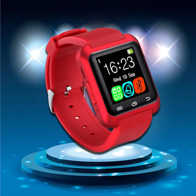 U8 Smart Bluetooth Watch in black, red, or white on wrist showing call dialling screen