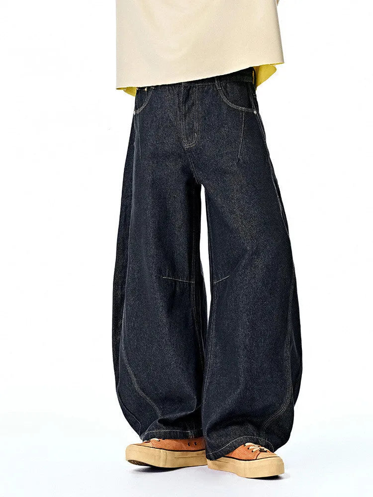 Men's wide leg denim trousers in original cow colour wash with mid waist rise