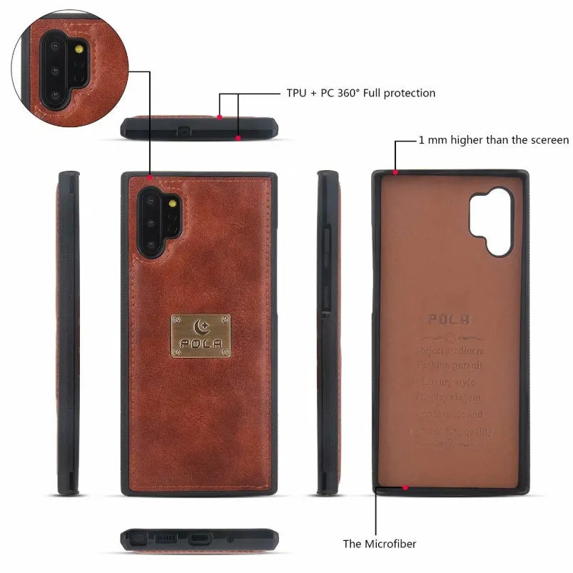 Black PU leather mobile phone case with a zip-around wallet compartment open, showing card slots.
