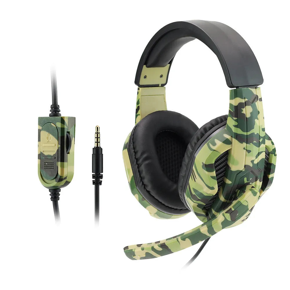 Army green camouflage wired gaming headset with over-ear design and built-in microphone